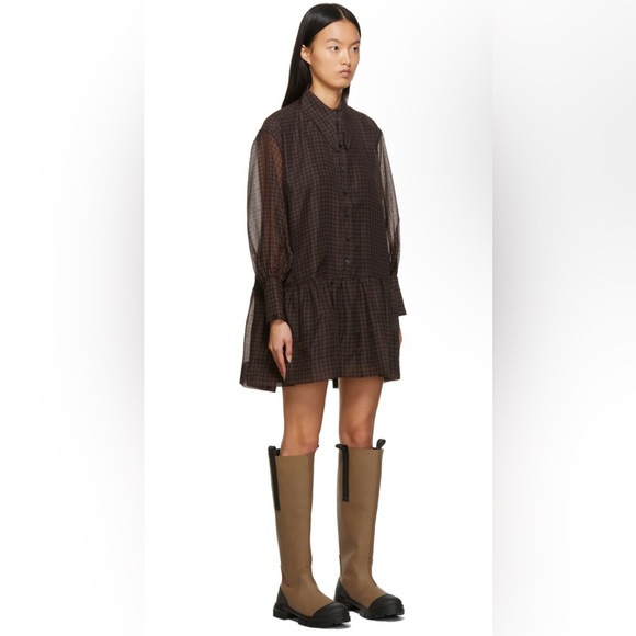 GANNI NWT Brown and Black Checkered Oversized Drop Waist Mini Dress XL - Picture 5 of 9